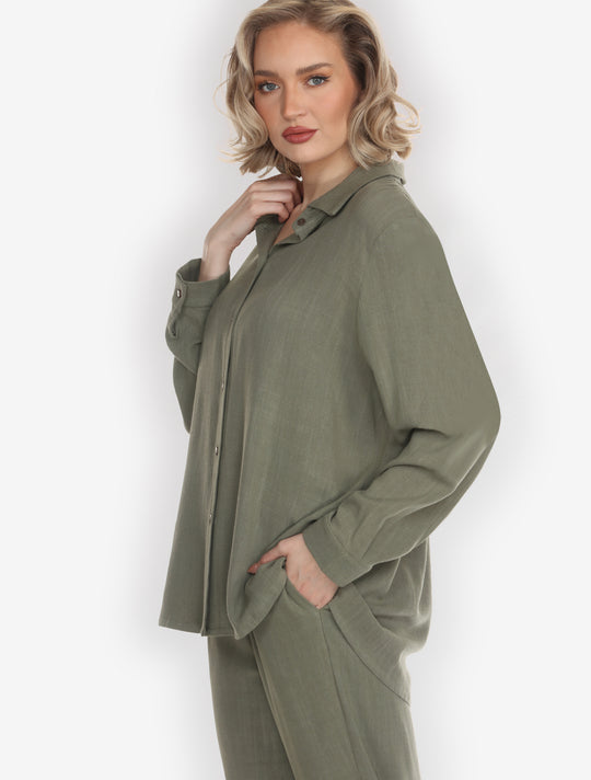 Solid Linen Tencel in olive Long-Sleeved Shirt