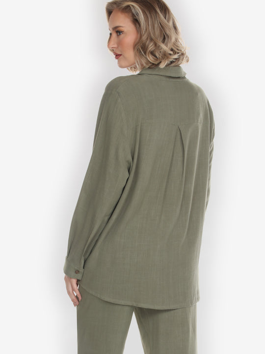 Solid Linen Tencel in olive Long-Sleeved Shirt
