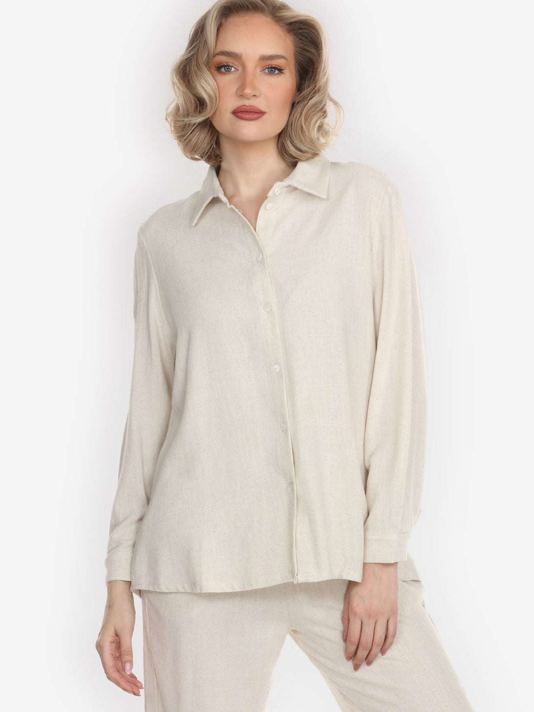 Solid Linen Tencel in Cream Long-Sleeved Shirt