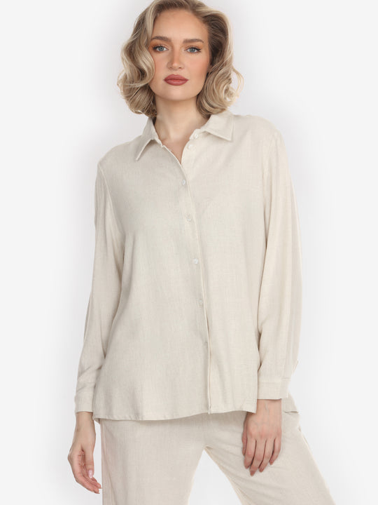 Solid Linen Tencel in Cream Long-Sleeved Shirt