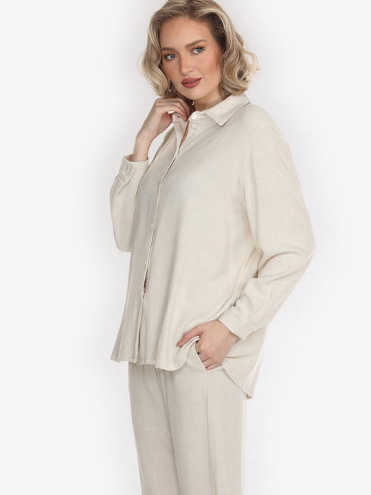Solid Linen Tencel in Cream Long-Sleeved Shirt