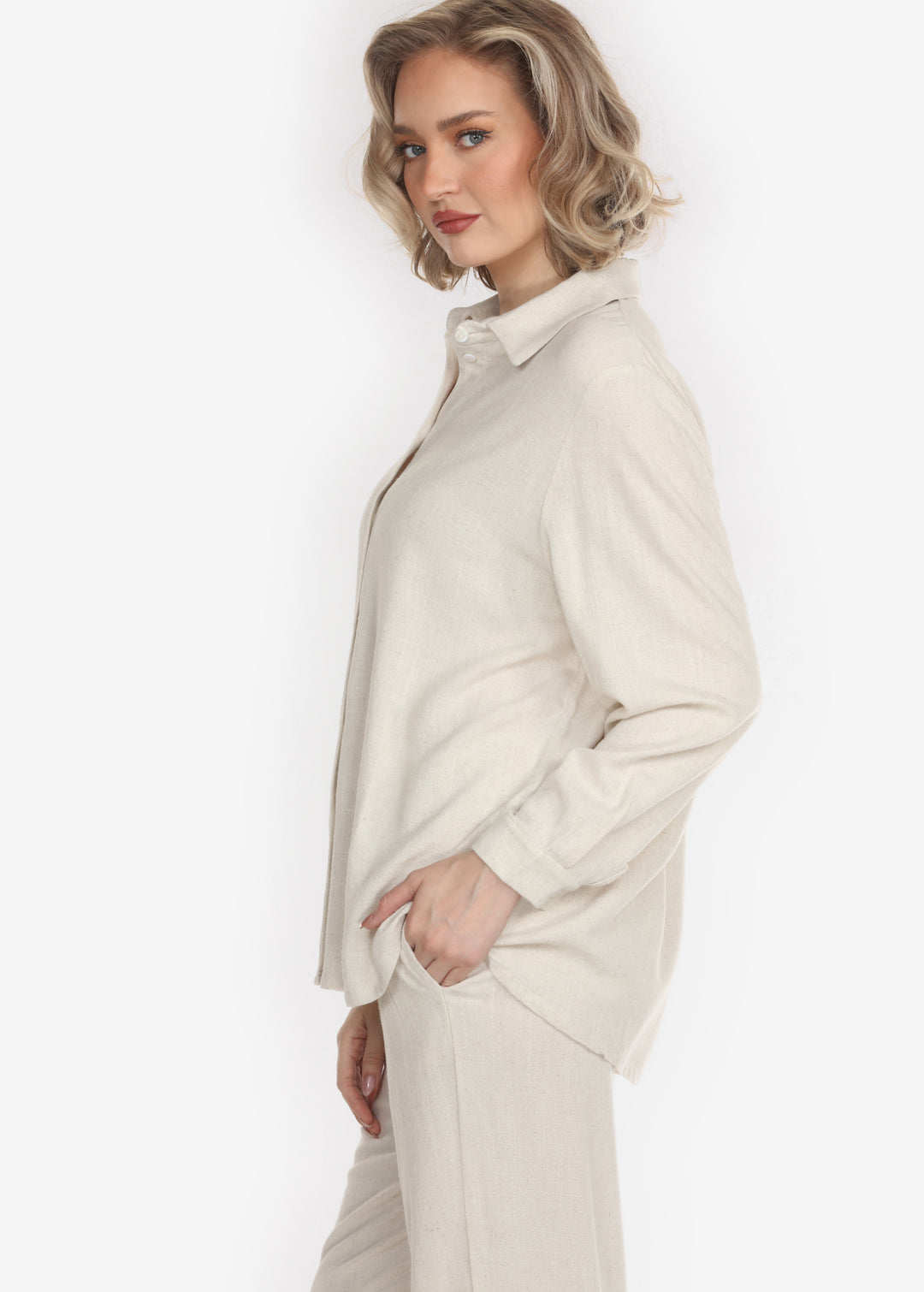 Solid Linen Tencel in Cream Long-Sleeved Shirt
