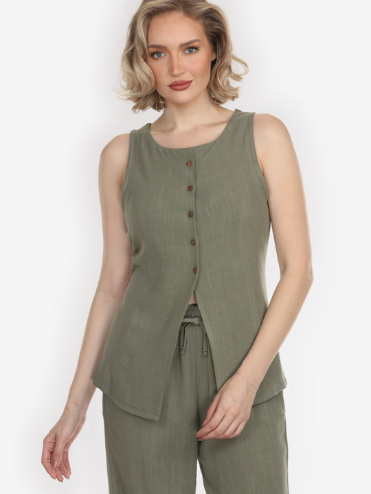 Solid Linen Tencel Olive Suit Vest - XXS