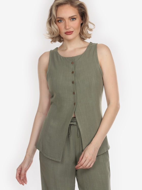 Solid Linen Tencel Olive Suit Vest - XS