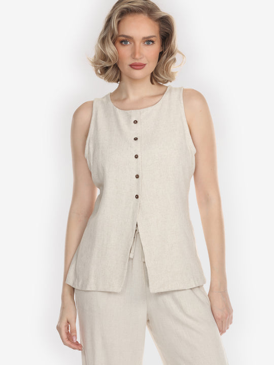 Solid Linen Tencel in Cream Suit Vest - L