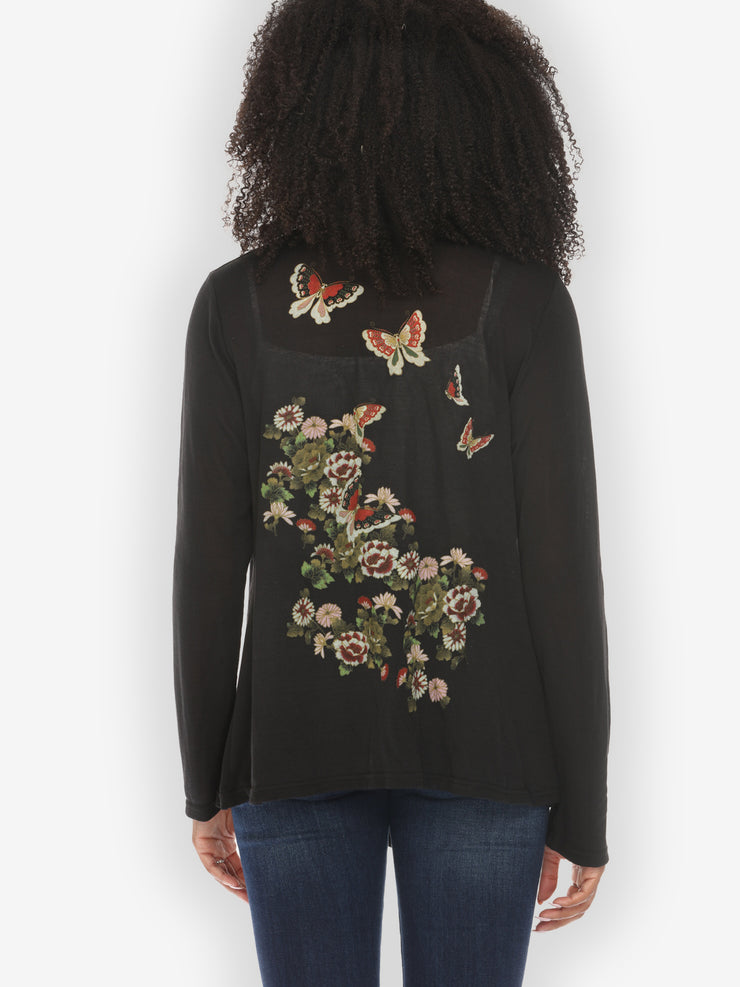 Butterfly Flower Print Long Sleeve Cotton Cardigan