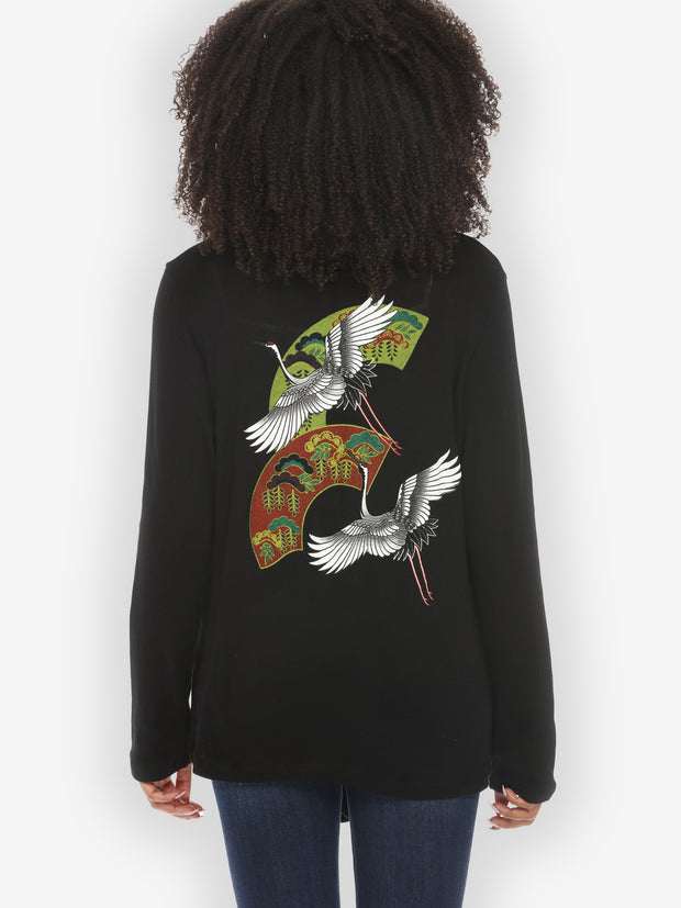 Crane Bonsai Print Long Sleeve Cotton Cardigan