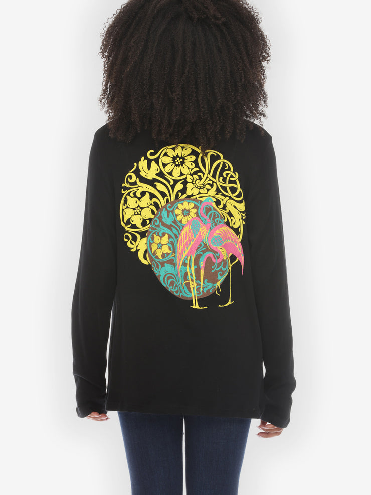 Flamingo Flower Print Long Sleeve Cotton Cardigan