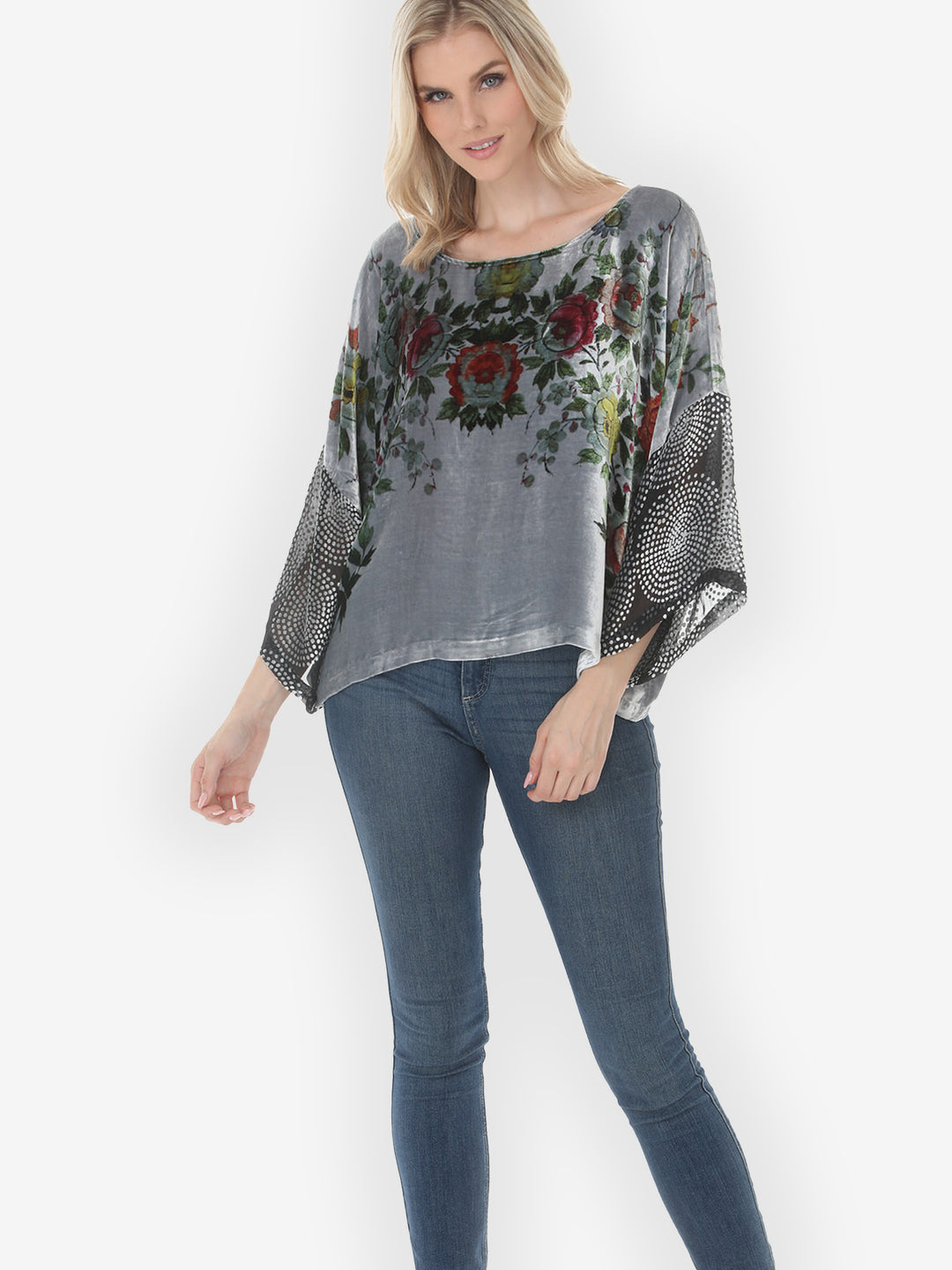 Colorful Floral Garden Silk Velvet Tunic Top