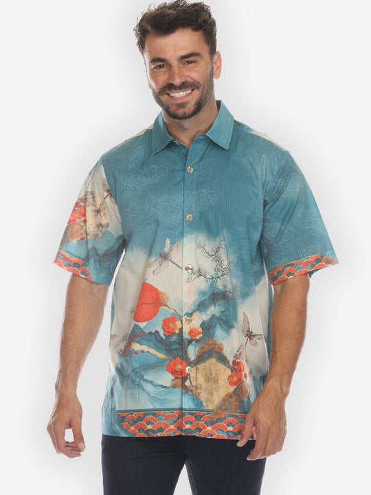 Blossom Medallion Dragonfly Mountain Cotton Shirt