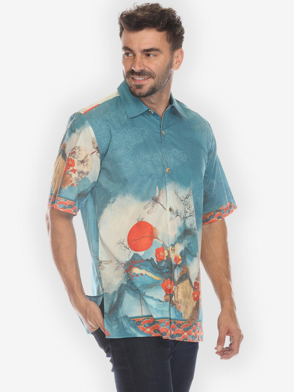 Blossom Medallion Dragonfly Mountain Cotton Shirt