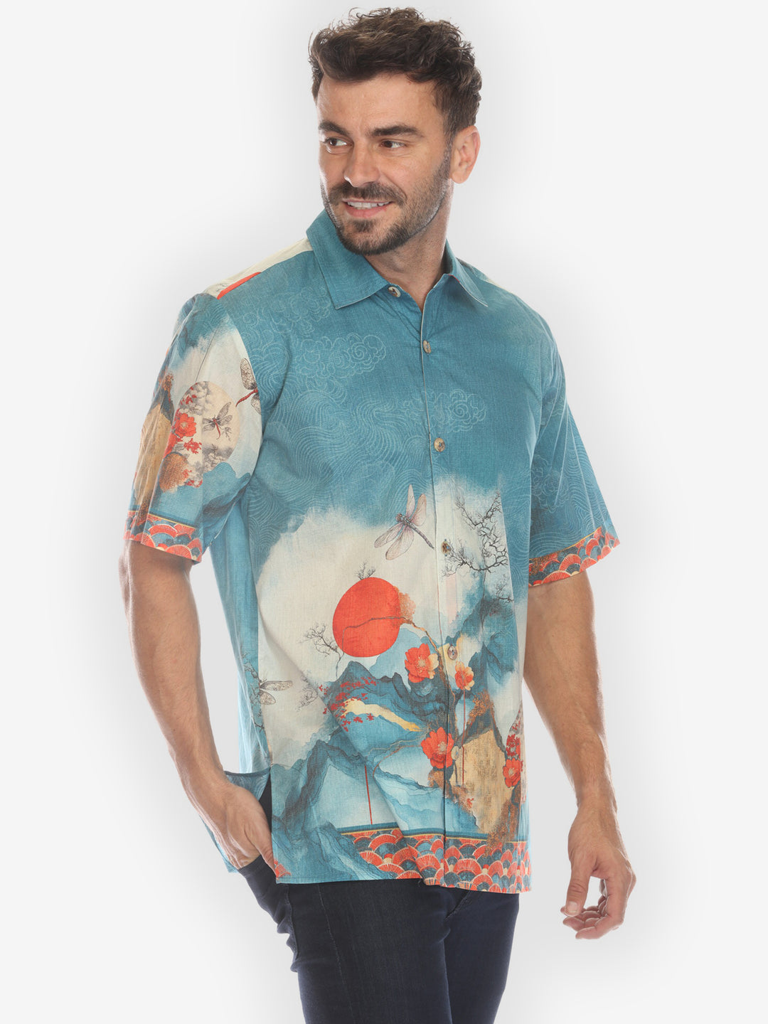 Blossom Medallion Dragonfly Mountain Cotton Shirt
