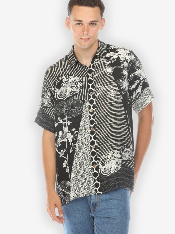 Black White Dragon Blossom Men’s Silk Shirt