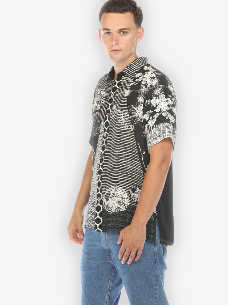 Black White Dragon Blossom Men’s Silk Shirt