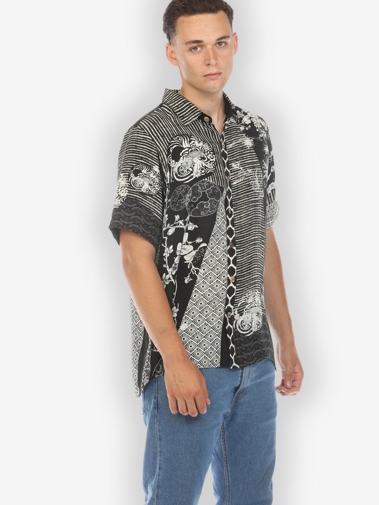 Black White Dragon Blossom Men’s Silk Shirt