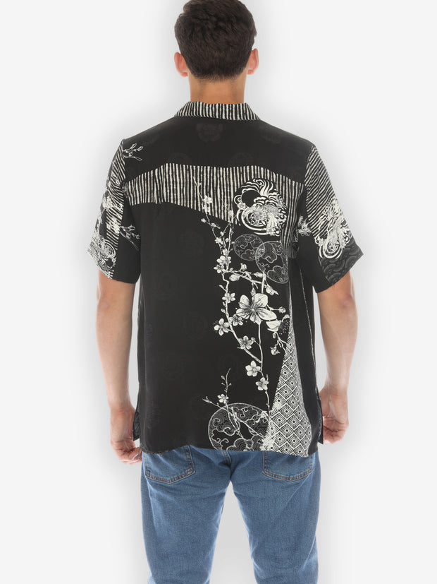 Black White Dragon Blossom Men’s Silk Shirt