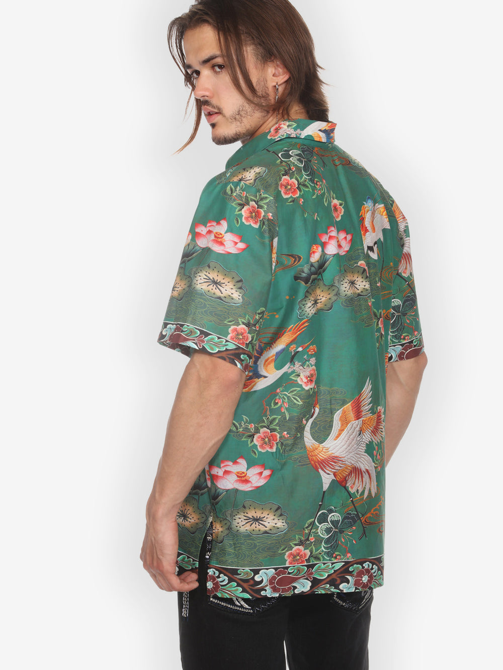 Elegant Crane Lotus Men's Cotton Shirt