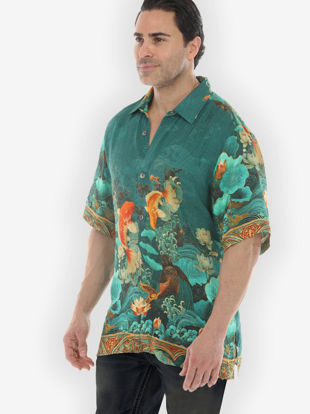 Koi Fish Sea Wave Men’s Silk Blend Shirt