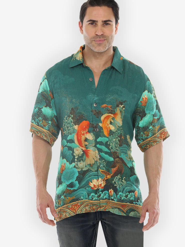 Koi Fish Sea Wave Men’s Silk Blend Shirt