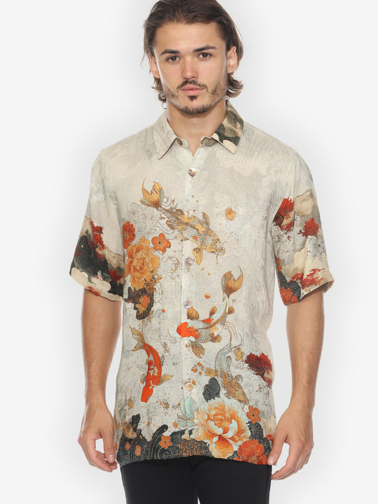 Noble Koi Fish in Cream Men’s Silk Shirt