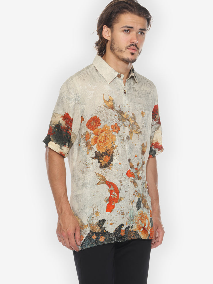 Noble Koi Fish in Cream Men’s Silk Shirt
