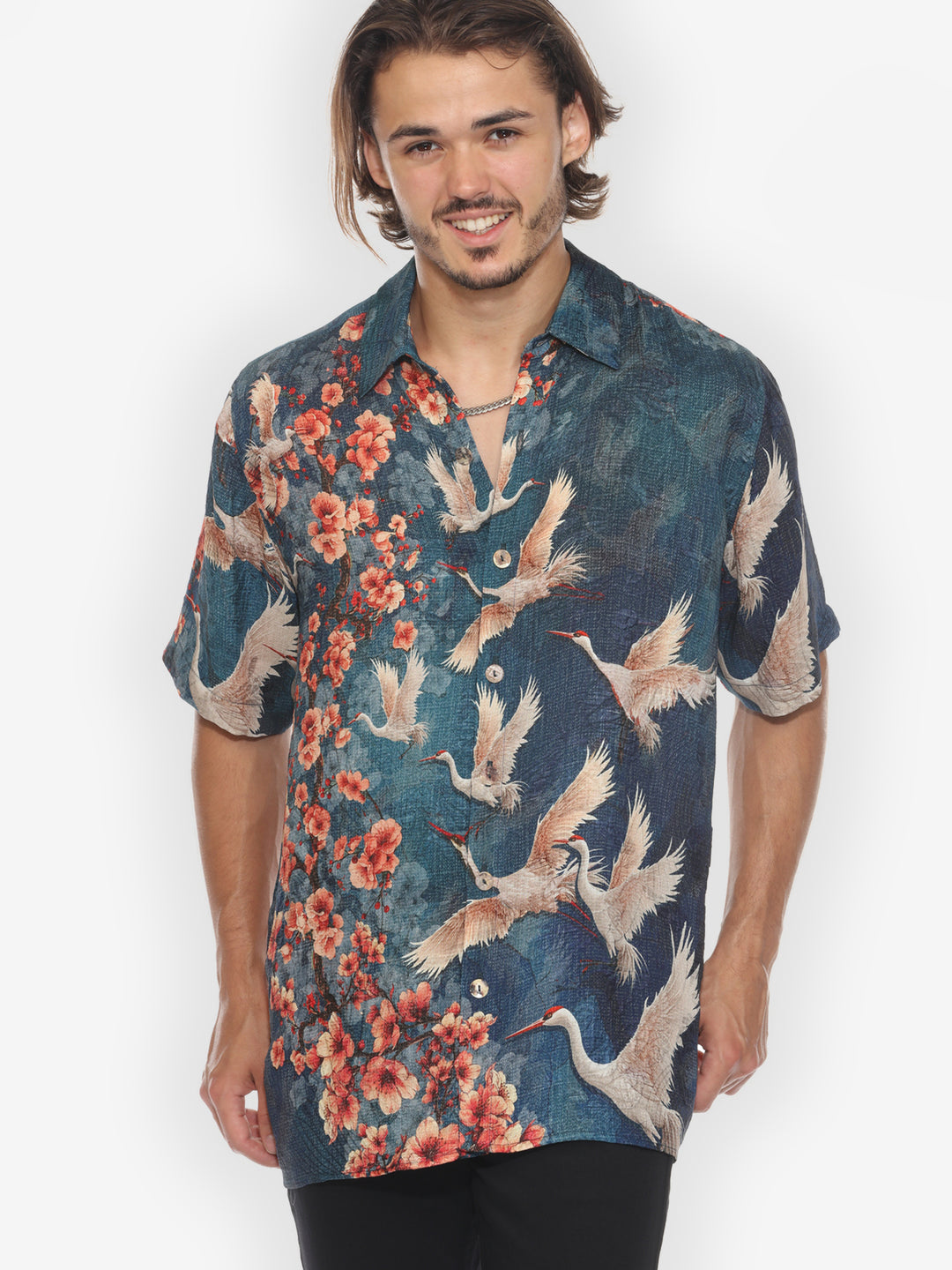 Sakura and Cranes Men’s Silk Shirt