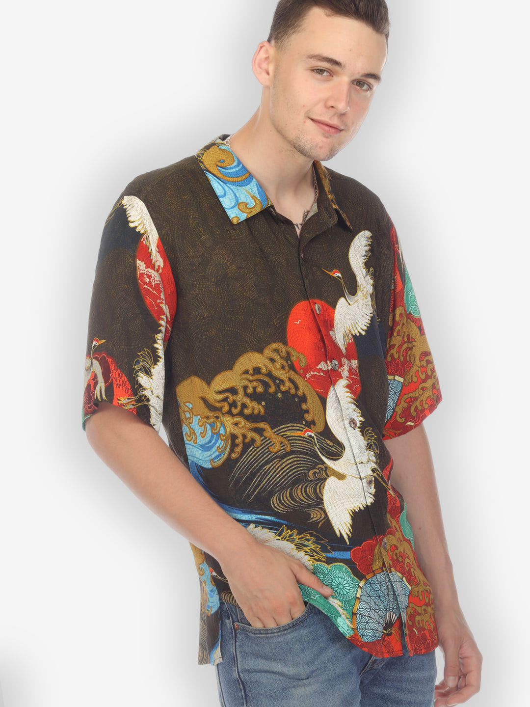 Sun Wave Crane Olive Men’s Silk Shirt