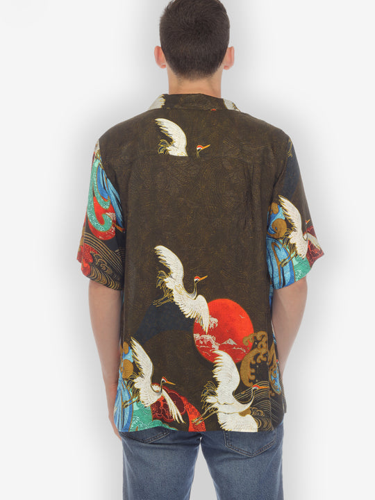 Sun Wave Crane Olive Men’s Silk Shirt