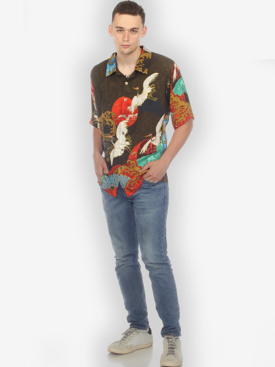 Sun Wave Crane Olive Men’s Silk Shirt