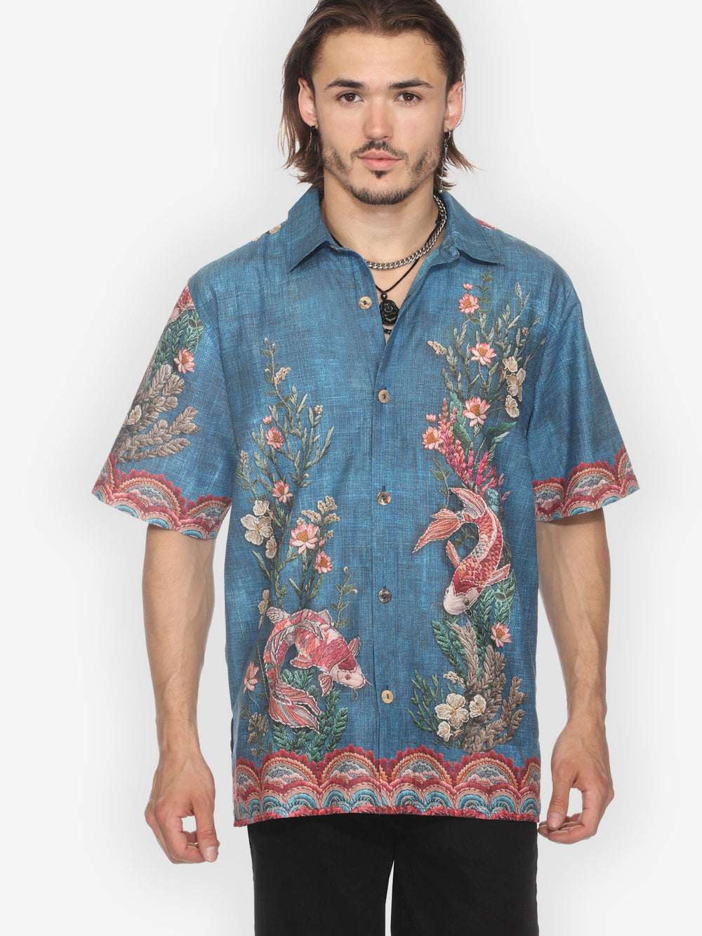 Vintage Koi Embroidery Men's Cotton Shirt