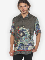 Waves Art in Dark Gray Men’s Silk Shirt