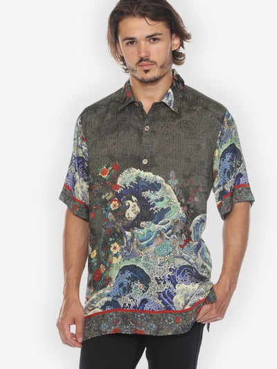 Waves Art in Dark Gray Men’s Silk Shirt