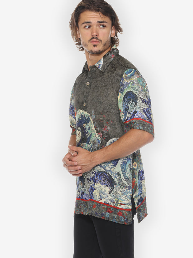 Waves Art in Dark Gray Men’s Silk Shirt