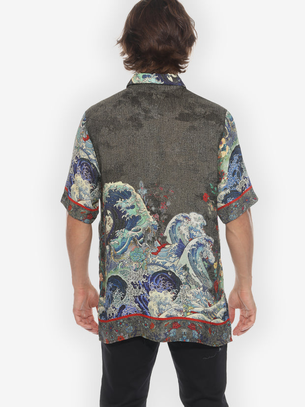 Waves Art in Dark Gray Men’s Silk Shirt
