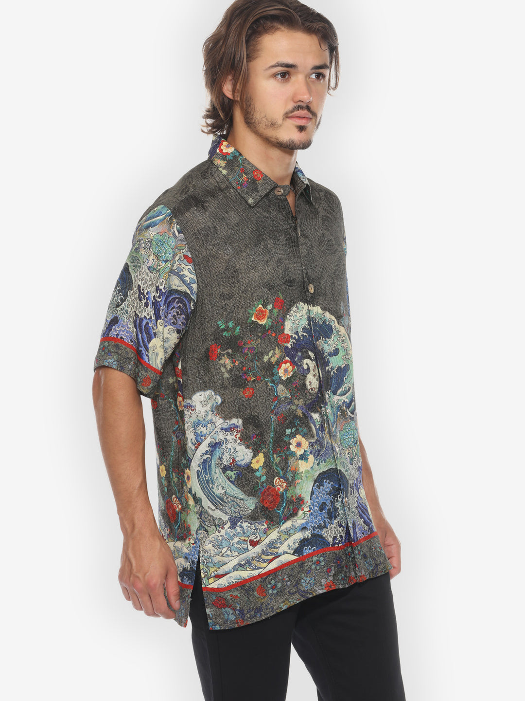 Waves Art in Dark Gray Men’s Silk Shirt