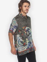 Waves Art in Dark Gray Men’s Silk Shirt