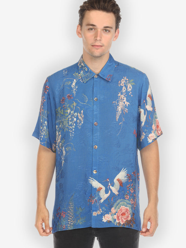 Wisteria Butterflies Crane in Blue Silk Shirt