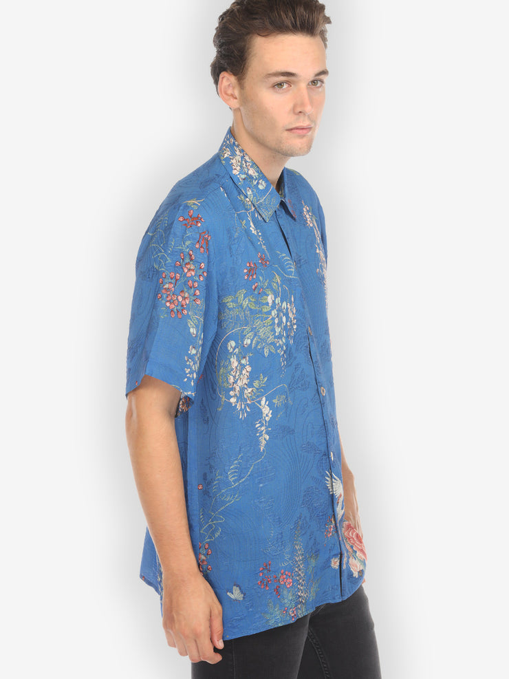 Wisteria Butterflies Crane in Blue Silk Shirt