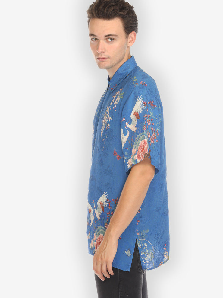 Wisteria Butterflies Crane in Blue Silk Shirt