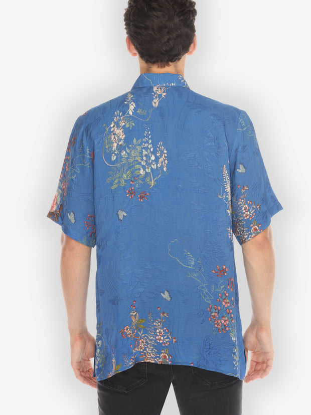 Wisteria Butterflies Crane in Blue Silk Shirt