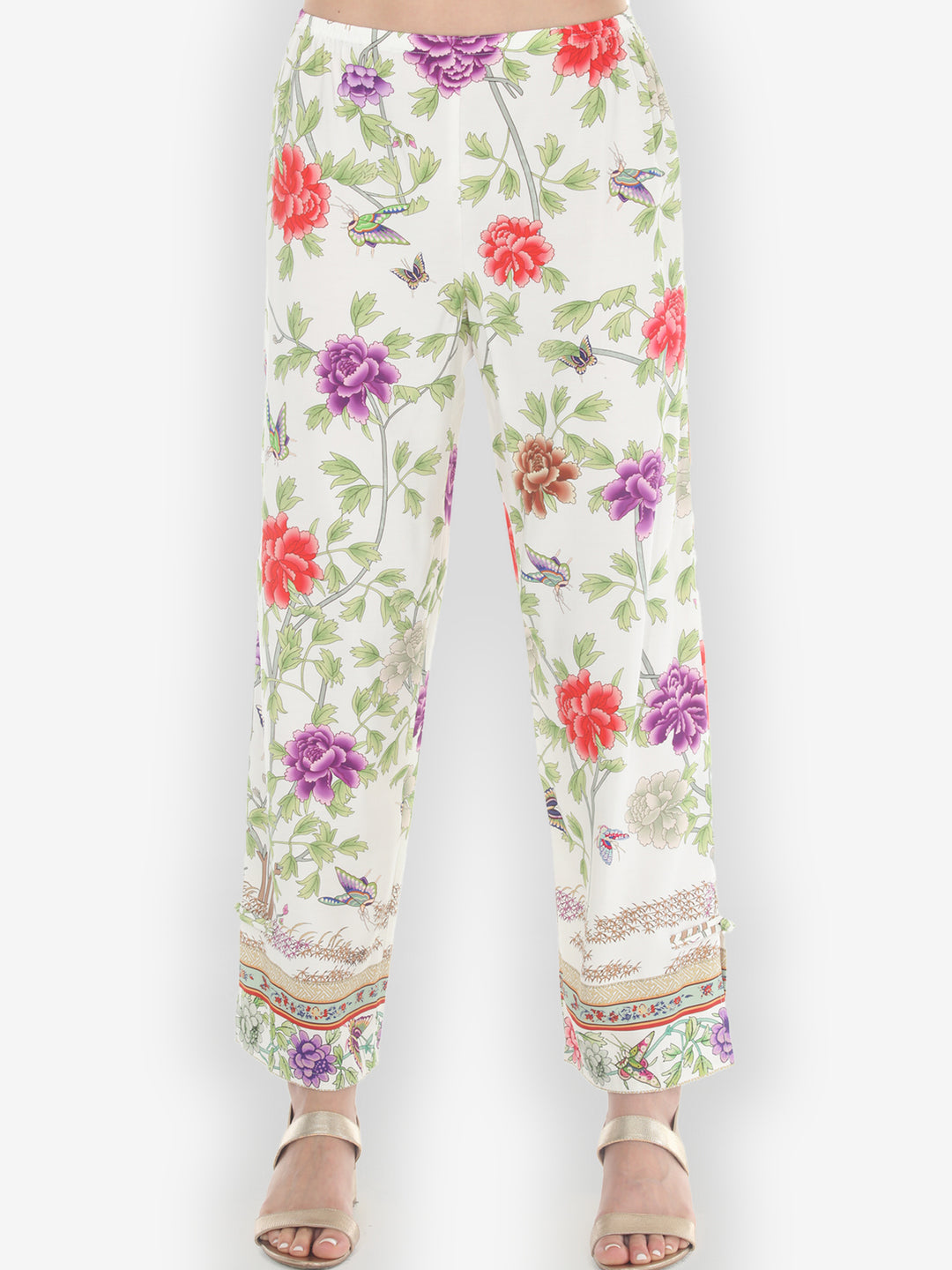 Border Floral Butterflies in White Pull on Pant