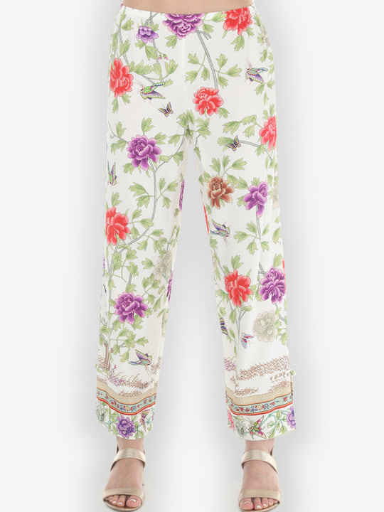 Border Floral Butterflies in White Pull on Pant