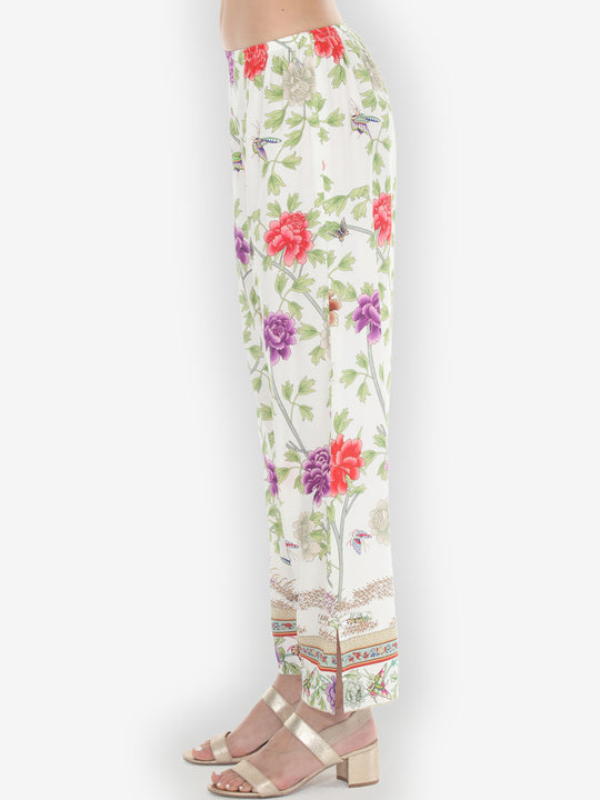 Border Floral Butterflies in White Pull on Pant