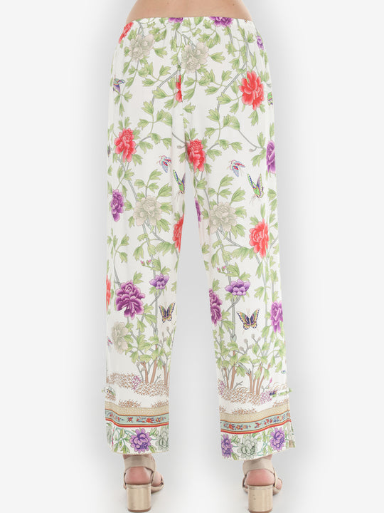 Border Floral Butterflies in White Pull on Pant