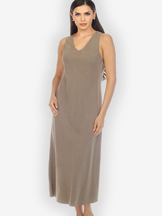 Tencel Solid Khaki Bias Cut V-neck Dress