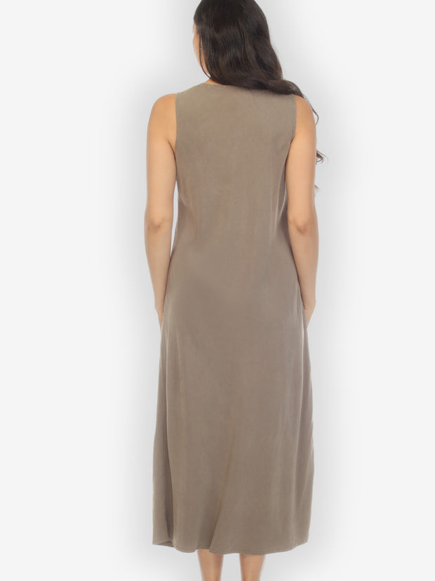 Tencel Solid Khaki Bias Cut V-neck Dress