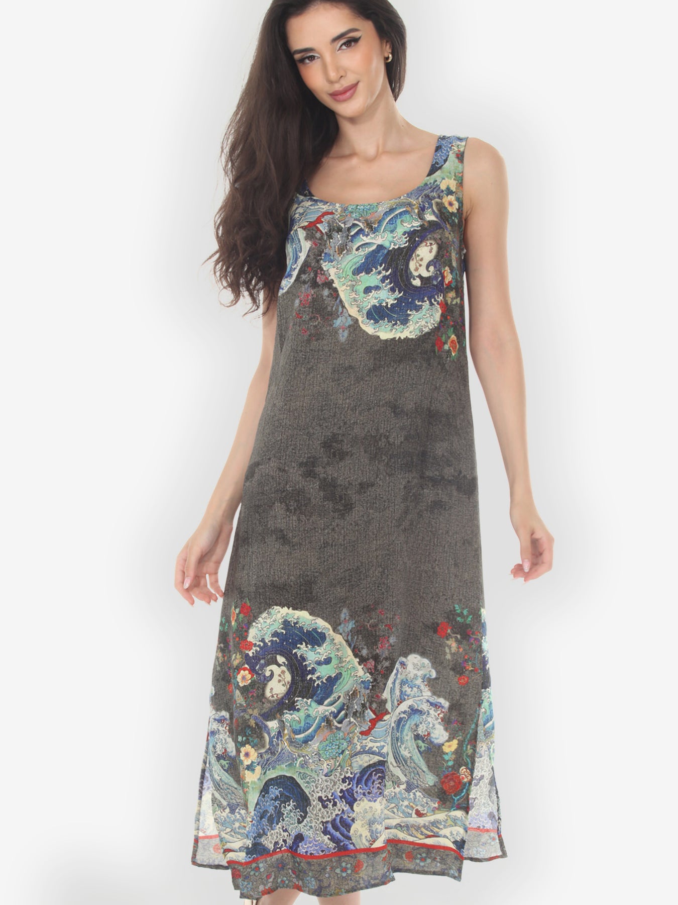 Waves Art in Dark Gray Silk Tank Dress  CITRON CLOTHING