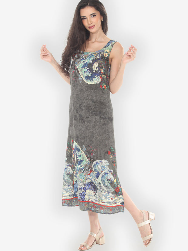 Waves Art in Dark Gray Silk Tank Dress