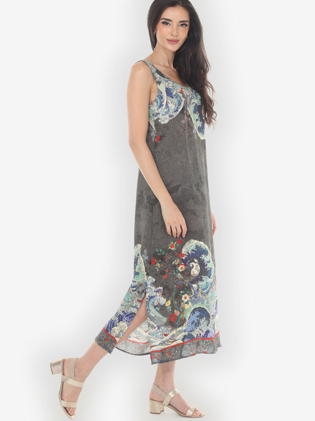 Waves Art in Dark Gray Silk Tank Dress