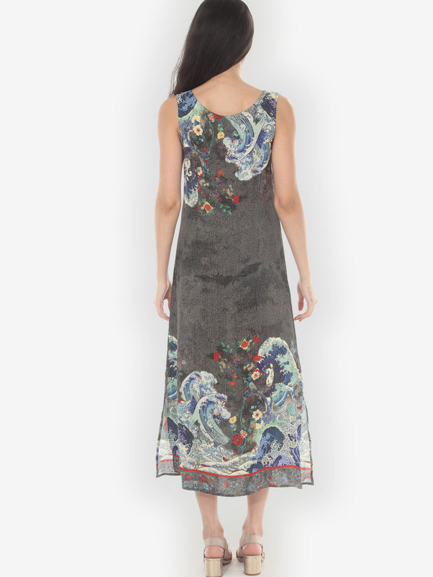 Waves Art in Dark Gray Silk Tank Dress